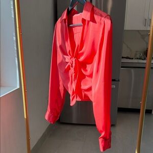 Babaton Red Tie-Front Long Sleeve Blouse